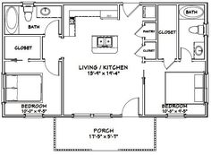 the floor plan for a two bedroom apartment with an attached kitchen and living room area