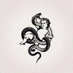 a black and white drawing of a woman holding a snake