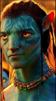 a woman with blue skin and orange eyes is dressed as avatar from avatar, the movie avatar