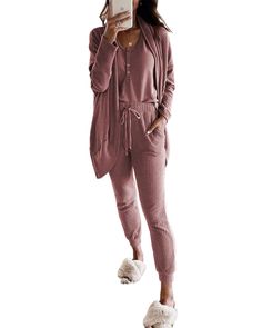 PRICES MAY VARY. 60% Cotton, 36% Polyester, 4% Spandex Imported Drawstring closure Hand Wash Only ❉3 piece lounge sets for women: 1pc Crop Vest Top + 1pc Loose High Waist Elastic Pants+ 1pc Kimono Cardigan. Super comfy womens 3 piece nightwear sets, suitable for spring, summer, fall, winter ❉Material: 3 piece lounge sets for women is made of Polyester + Spandex. Soft, lightweight and comfortable fabric ❉Match: Chic and womanly 3 piece womens waffle knit pajamas. Each piece is very versatile. Can Lounge Sets For Women, Loungewear Outfit, Knit Loungewear, Vest Crop Top, Lounge Pajamas, Soft Pants, Cardigan Outfits, Womens Pyjama Sets, Athleisure Outfits