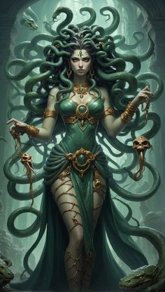 a woman dressed in green and gold with tentacles on her head, standing next to an octopus