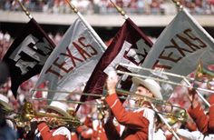 a marching band with flags in front of a crowd