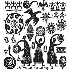 an image of people and animals in the style of native american art, black on white