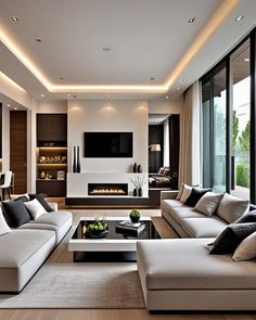 Modern Living Room With Chimney, Modern Chic Living Room Luxury, Living Room Designs Light, Modern Living Room Design Interiors, Dim Living Room, Living Room With Lights, Lounge Modern Design, Living Room Design Ideas Modern, Contemporary Fireplace Design