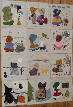 a patchwork quilt with many different pictures on it