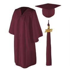 a maroon graduation gown, cap and tassel