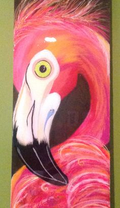 a painting of a pink flamingo with yellow eyes