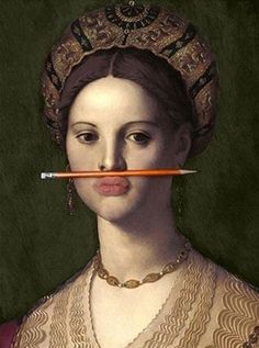 a painting of a woman with a pencil in her mouth