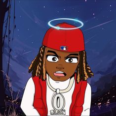 a cartoon character wearing a red hat with a halo above his head