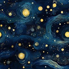 the starry night sky is painted with gold and blue paint on black paper, as well as circles