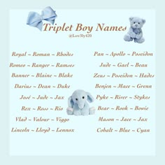 a baby boy name list with an elephant and teddy bear on the bottom right corner