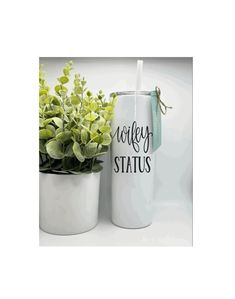 two white vases with green plants in them