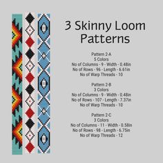 3 Narrow LOOM Beaded Bracelet Patterns Designed for Miyuki Delica Size 11 Beads 3FatCats Bead Designs Copyright 2021 Design 2-A No of Columns - 9 - Width - 0.48in No of Rows - 96 - Length - 6.61in No of Warp Threads - 10 Design 2-B (based on the Myaamia (Miami) Tribe of Oklahoma ribbon pattern) No of Columns - 9 - Width - 0.48in No of Rows - 107 - Length - 7.37in No of Warp Threads - 10 Design 2-C No of Columns - 11 - Width - 0.58in No of Rows - 98 - Length - 6.75in No of Warp Threads - 12 You a Loom Band Patterns, Bead Loom Designs, Loom Jewelry, Loom Pattern, Bead Loom Bracelets, Loom Bands, Beaded Lanyards, Beadwork Patterns