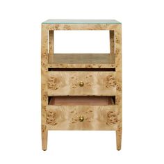 a wooden side table with two drawers on one shelf and glass top, against a white background