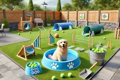 a dog sitting in a pool surrounded by tennis balls and other pet supplies on artificial grass