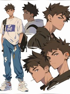 an anime character with different hair styles and clothes, including the headphones on his ear