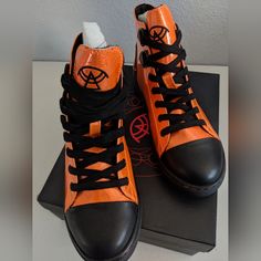 New Sold Out Strange Cult Chelsea Orange Metallic Halloween High Top Sneakers Shoes Women Size 9, Iridescent Orange 100 % All Vegan Leather, Black Vegan Leather Detail, Black And Orange Stitching, Bat Wing Shaped By Ankle, Spiderwebs Design At Heel, 1" Black Molded Outsole, Halloween Sneakers. Orange Vulcanized Lace-up High-top Sneakers, Orange High-top Custom Sneakers With Rubber Sole, Custom Orange High-top Leather Sneakers, Orange High-top Skate Shoes For Streetwear, Orange And Black Sneakers, Vans Sk8 Hi Black, Mustard Shoes, Rose Gold Shoes, Steampunk Shoes