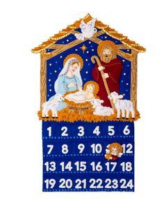 the birth of jesus is depicted on a blue and gold calendar