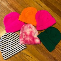 Adorable Set Of Hats, Just Not My Style. All Are From Shein Except The Striped One Which Is From Old Navy. The Shein Ones Are Brand New, The Striped One Is A Few Years Old But Never Worn. The Tie Dye One Is A Thicker Material, No Fabric Tag Feels Like Cotton Blend? Colors Are Fairly True To The Pics! 2 Hot Almost Neon Pink, One Bright Tangerine, One Perfect Shade Of Emerald Green, One Pink Tie Dye, One White And Very Dark Navy Striped. Casual Pink One-size Beanie, Pink Beanie Cap (one Size), Pink Beanie One Size Fits Most, Pink Cozy Beanie One Size, Pink One-size Beanie, Casual Pink Beanie One Size, Cozy Pink Beanie One Size, Trendy Pink Fall Beanie, Casual Pink Beanie For Spring