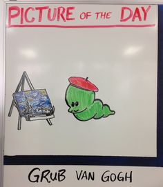 a white board with an image of a green worm and a red hat on it