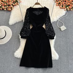 Black velvet sequins short dress fashion dressFabric: velvet, sequinsColor: blackSize(cm): S, M, L(1inch=2.54cm)S length 127cm bust 84cm waist 66cmM length 128cm bust 88cm waist 72cmL length 129cm bust 92cm waist 76cm&ltp&gtPlease check the size carefully when you choose items, thank you.&lt/p&gt&ltbr/&gt Fitted Velvet Mini Dress With Sequins, Glamorous Fitted Velvet Dress With Sequins, Black Sequin Knee-length Bodycon Dress, Winter Knee-length Sequined Mini Dress, Winter Black Sequined Bodycon Dress, Velvet Sequin Dresses For Party Season, Party Season Velvet Dresses With Sequins, Party Velvet Dress With Sequins, Knee-length Sequined Dresses For Winter