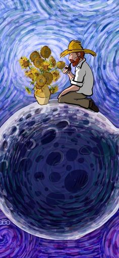 a man kneeling down next to a vase filled with flowers on top of a blue and purple background