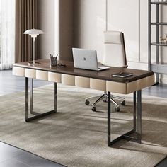 an office desk with a laptop on it in front of a book shelf and window