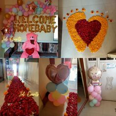 there are balloons and teddy bears on the floor in front of this welcome home baby sign