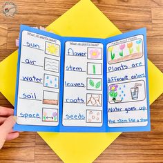 an open book with words and pictures on it, sitting on top of a yellow envelope