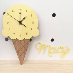 a clock with an ice cream cone on it and the word happy written in yellow