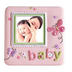 a pink photo frame with butterflies and the word baby on it's side, in front of a white background