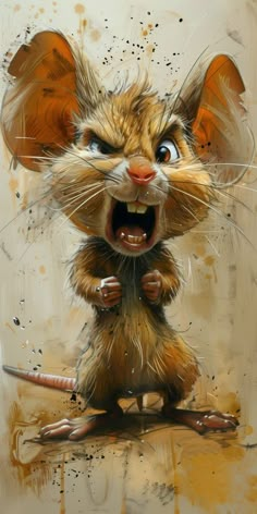 a painting of a rat with its mouth open and it's eyes wide open