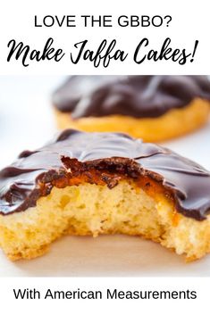 a close up of a doughnut with chocolate frosting on it and the words love the glbo? make jaffaa cakes