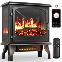 an electric stove with remote controls and fire in the fireplace, on a white background