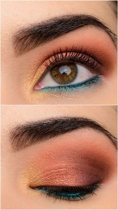 Prom Make Up For Blue Eyes Natural Looks, Eye Shadow Colors For Hazel Eyes, Brown Eyes Colorful Makeup, Simple Colorful Eyeshadow Looks, Tropical Eye Makeup, Spring 2024 Makeup Trends, 1970s Makeup Hippie, Summer Makeup For Brown Eyes, 2023 Eyeshadow Looks