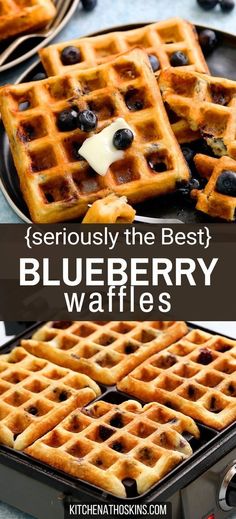 blueberry waffles on a plate with butter and syrup