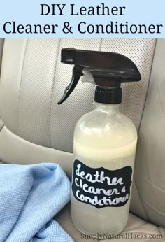 a bottle of leather cleaner and conditioner sitting on the back seat of a car