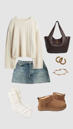 #fall #autumn #outfit #outfitinspo #sweater #miniuggs #jeanskirt #like #comment #follow Jean Skirt And Uggs Outfit, Fall Outfits White Background, Cute Simple Fall Outfits, Outfits White Background, Outfit Layout Fall, Ugg Mini Outfit, Campus Fits, Outfits For Thanksgiving, 2024 Clothes