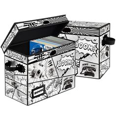 two storage boxes with comic themed designs on the front and back, one opened to reveal a file folder