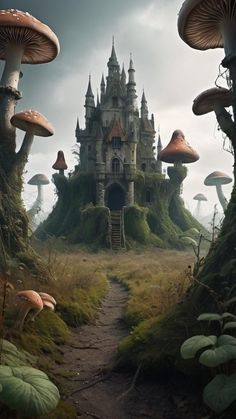 an image of a fantasy castle in the forest with mushrooms growing out of it and stairs leading up to it