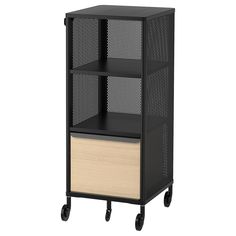 a black and beige storage unit with wheels