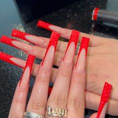 Red Long Nails Ideas, Red French Tip Nails Square Long, Red Long Nails Designs, Alabama Barker Nails, Pretty Red Nails Acrylic, Red Baddie Nails Acrylic, Simple Classy Baddie Nails, Red Trendy Nails, Red Long Acrylic