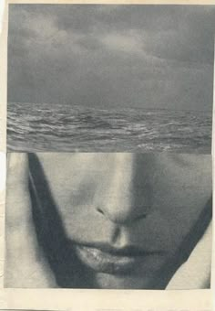 a woman's face is shown in the middle of an image with water and clouds