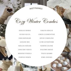 an advertisement for cozy winter combos with images of teddy bears and hot chocolate in the snow