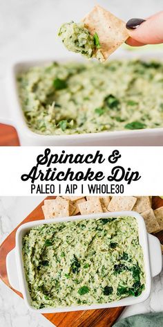 spinach and artichoke dip in a white bowl with tortilla chips