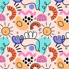 an abstract pattern with different shapes and colors on a light pink background that is very colorful