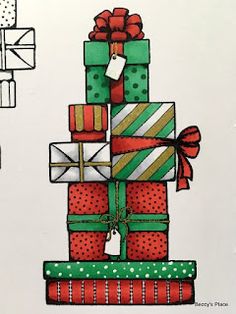 a christmas card with presents stacked on top of each other