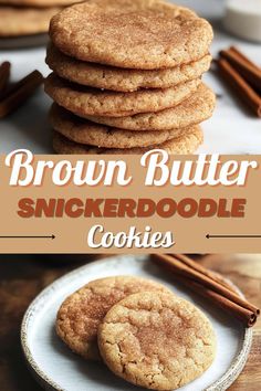 brown butter snickkerdoodle cookies on a plate with cinnamon sticks