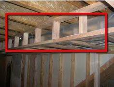 an unfinished room with exposed walls and wooden beams in the ceiling, including one red rectangle