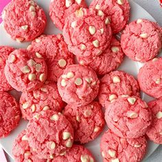 red velvet cookies with white chocolate chips on a plate